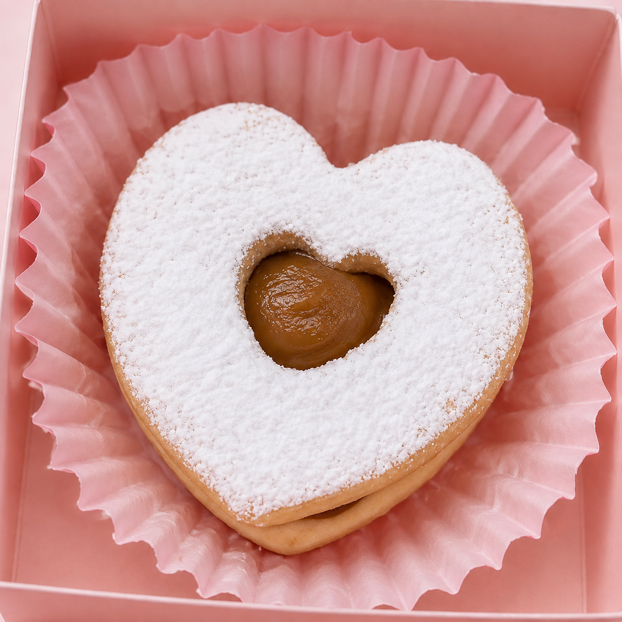 Alfajor romántico en forma de corazón con relleno de dulce de leche dentro de una caja individual